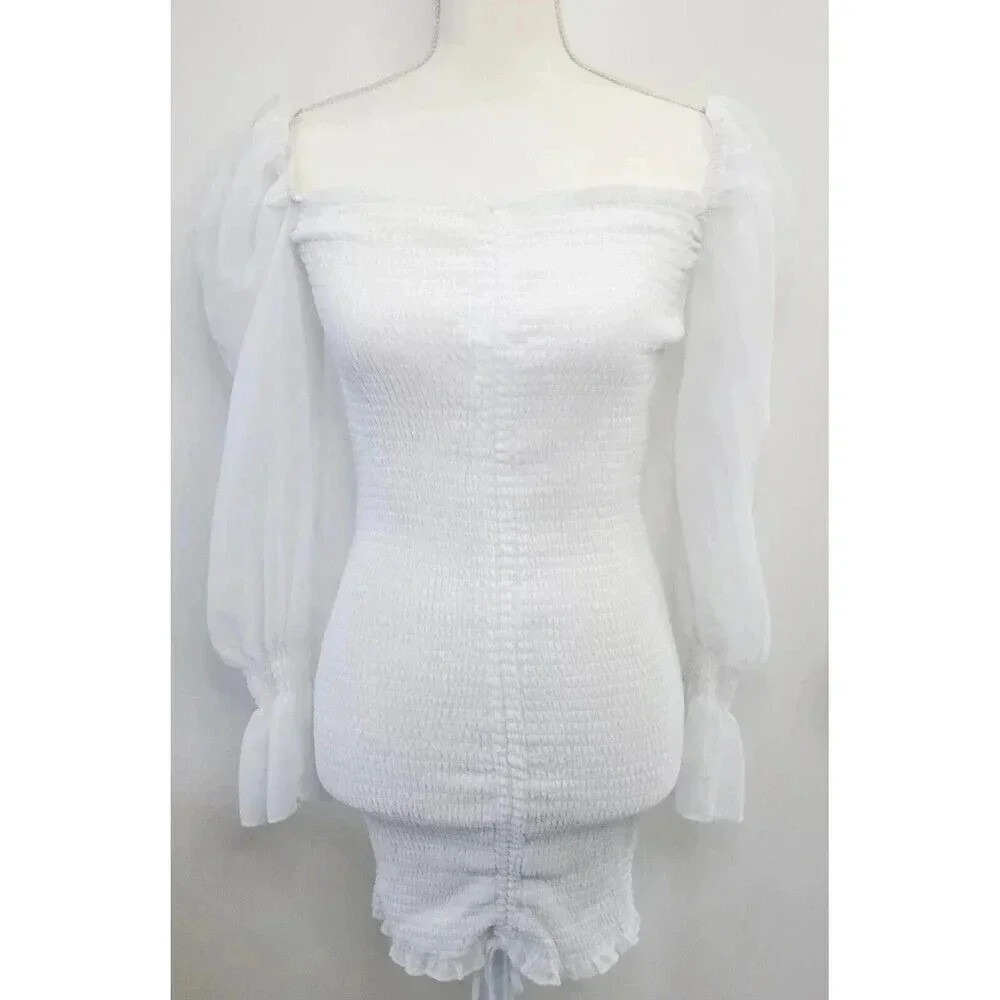 Princess Polly White Smocked Mini Dress Long Sheer Sleeve Ruched Bodycon XS S - Picture 3 of 11